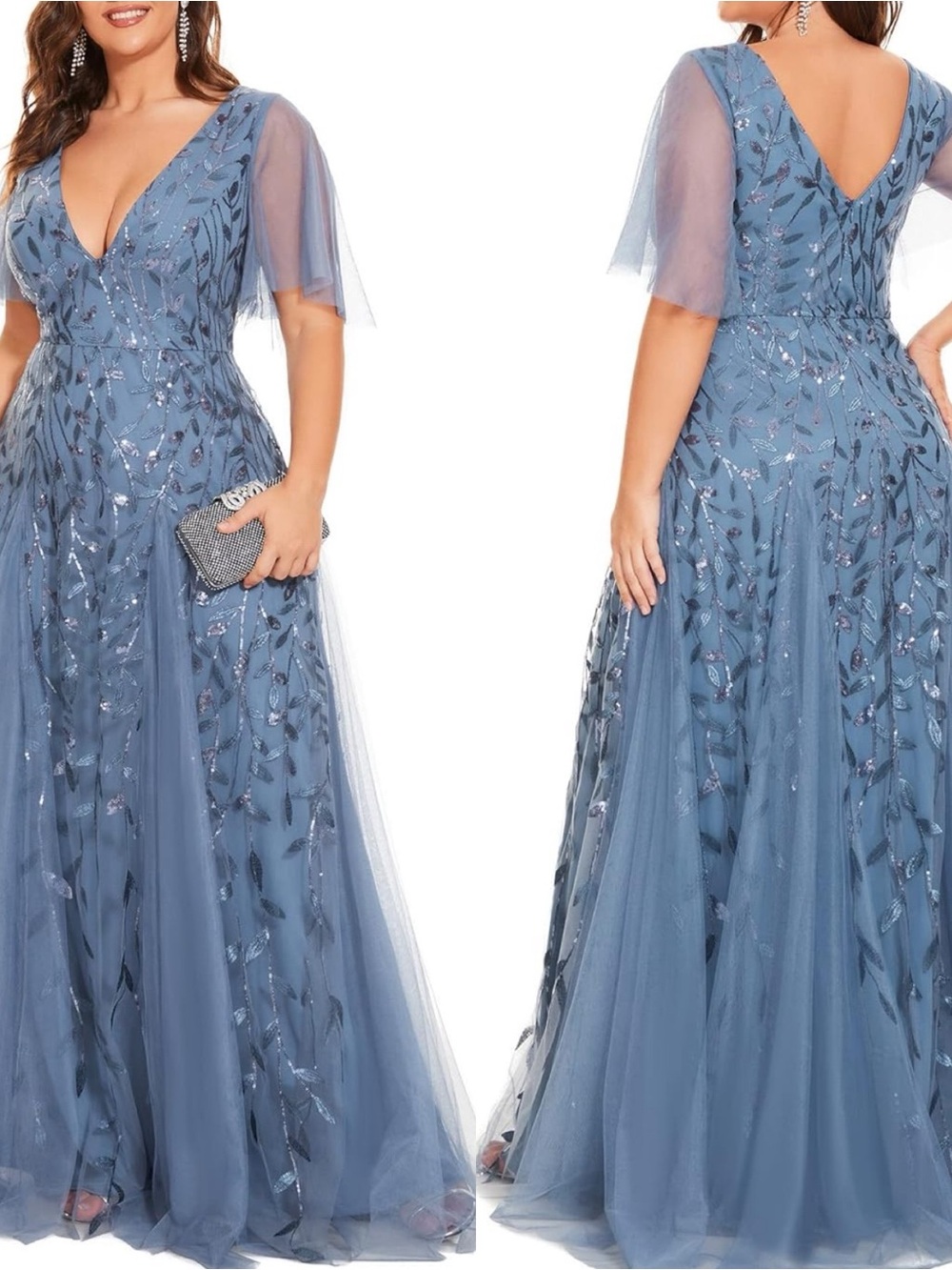 Elegant Blue V-Neck Embroidered Evening Gown